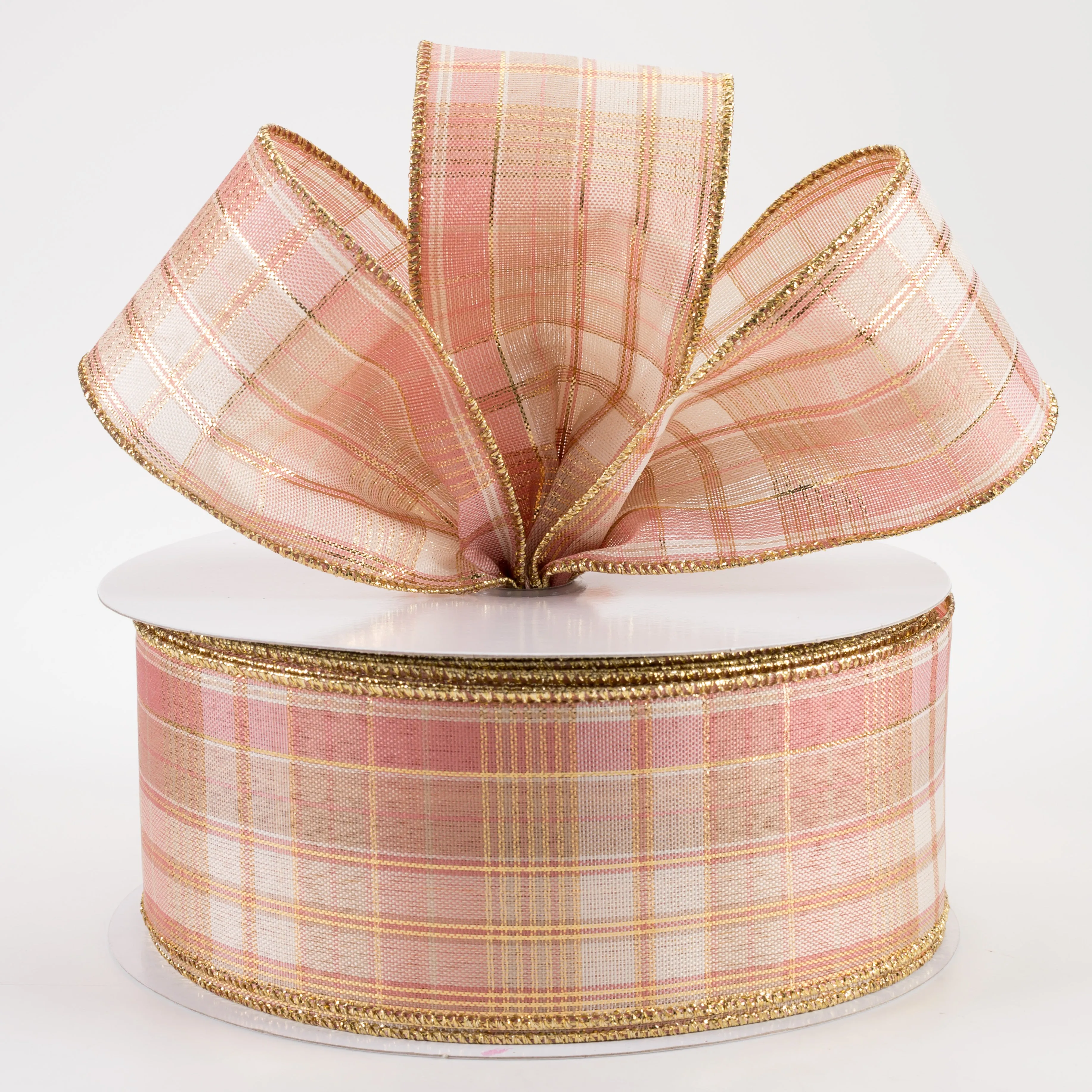 2.5" Metallic Plaid Ribbon: Rose Gold & Ivory (50 Yards)