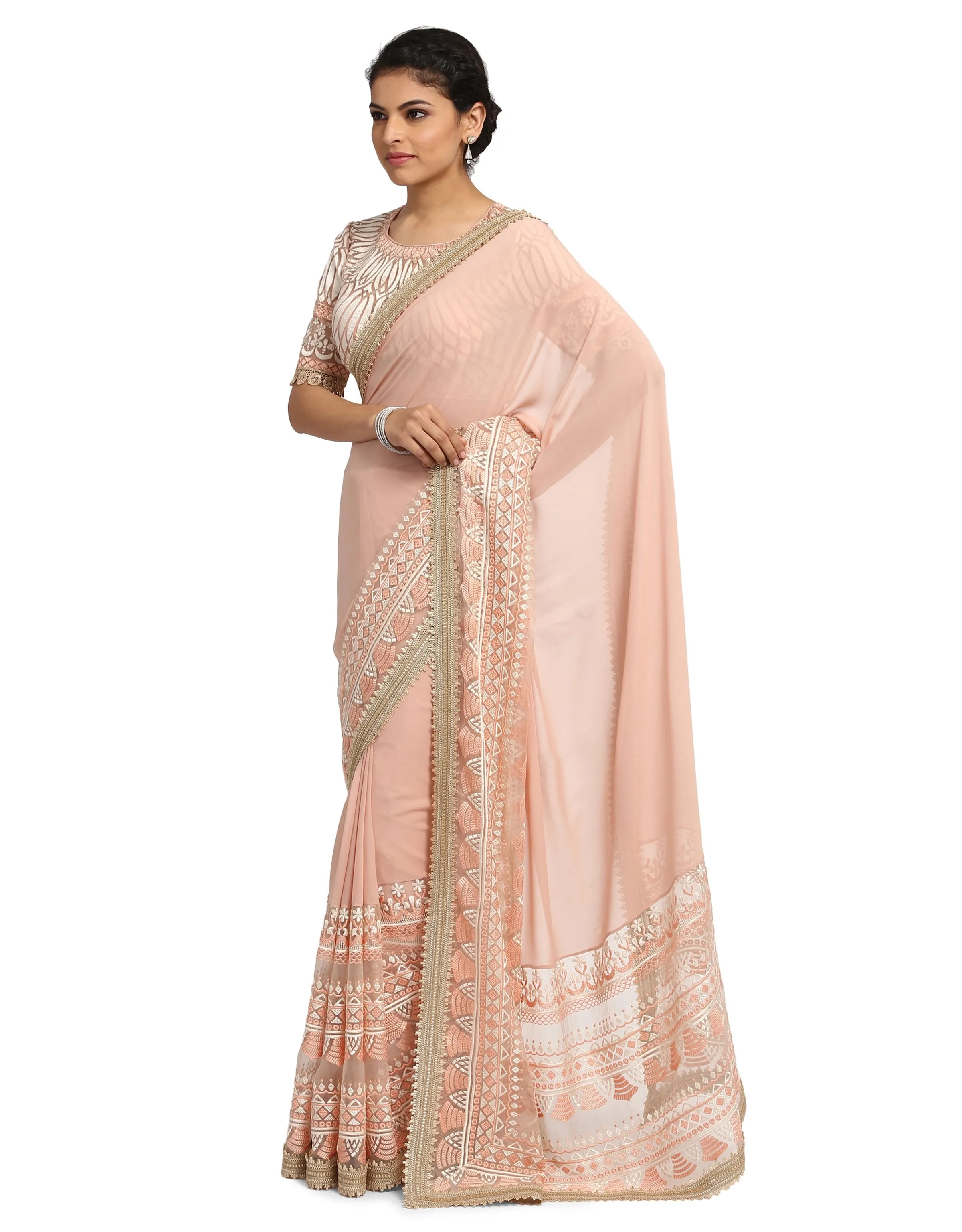 Embroidered Saree with Blouse- Blush